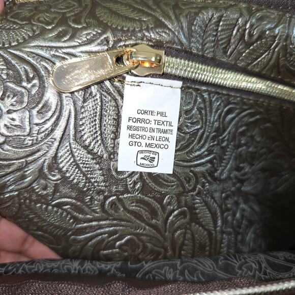 Silver Floral Embossed with Brown Calfskin Leather Tote bag Made in Mexico - Picture 6 of 7